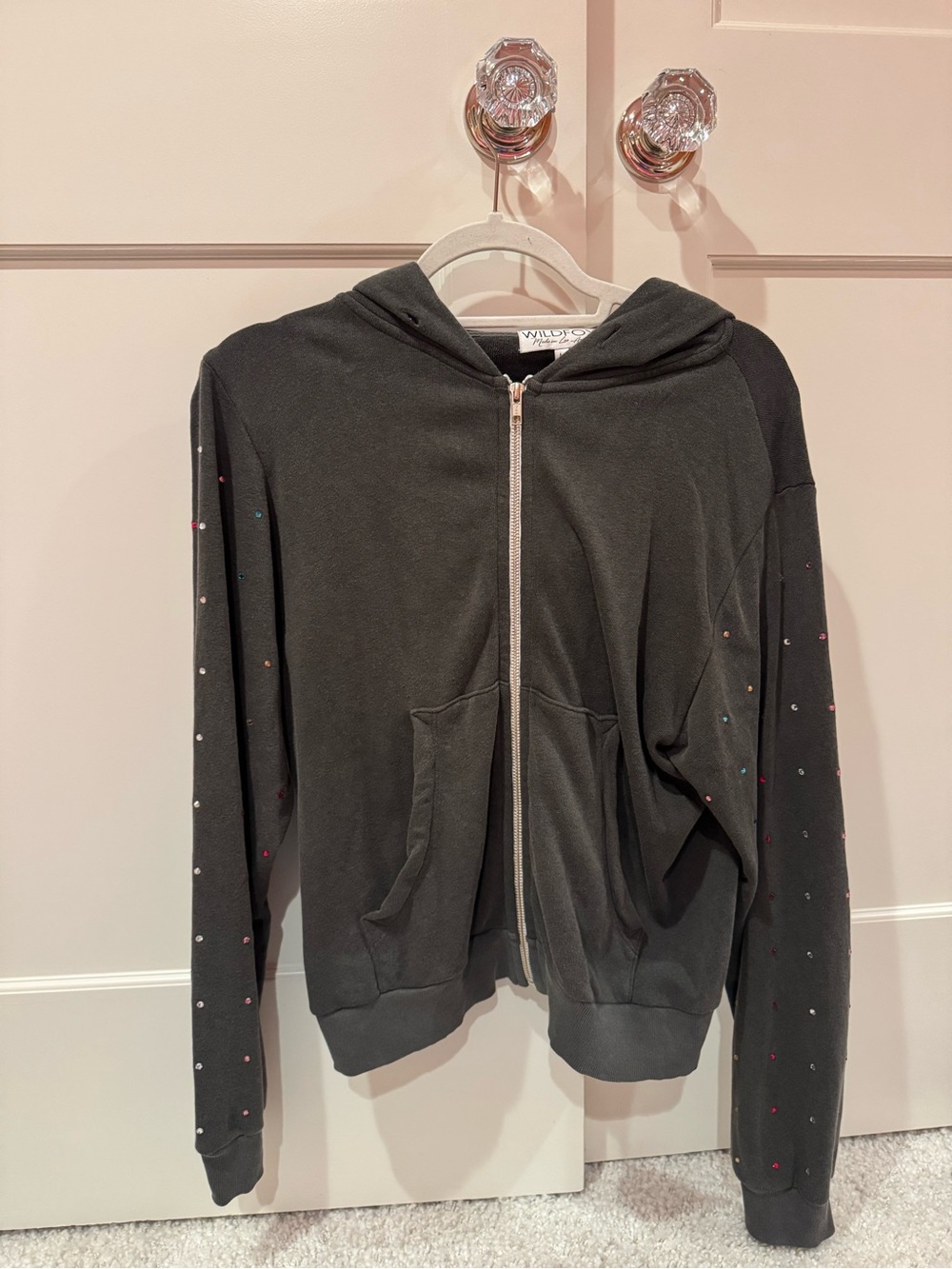 Wildfox Black Zip Hooded Jacket with Multicolor Rhinestones